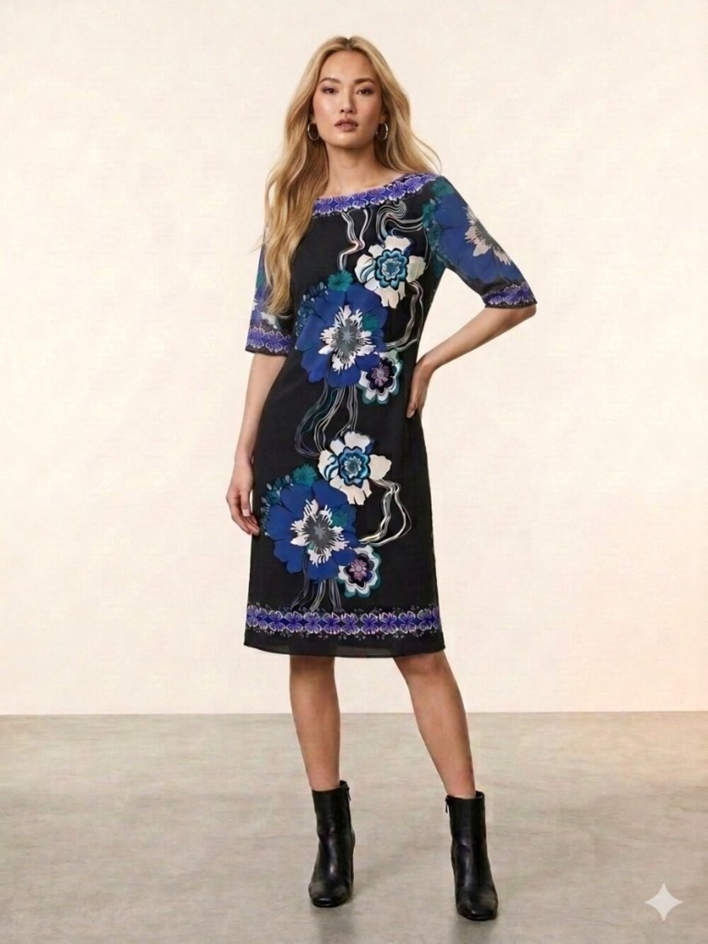 Mercer & Madison Tunic Shift Dress Size 10 Boho Floral Bold Abstract 3/4 Sleeve